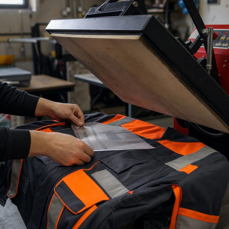 INDUSTRY Transfer auf belastbarer Arbeitskleidung unter der Transferpresse